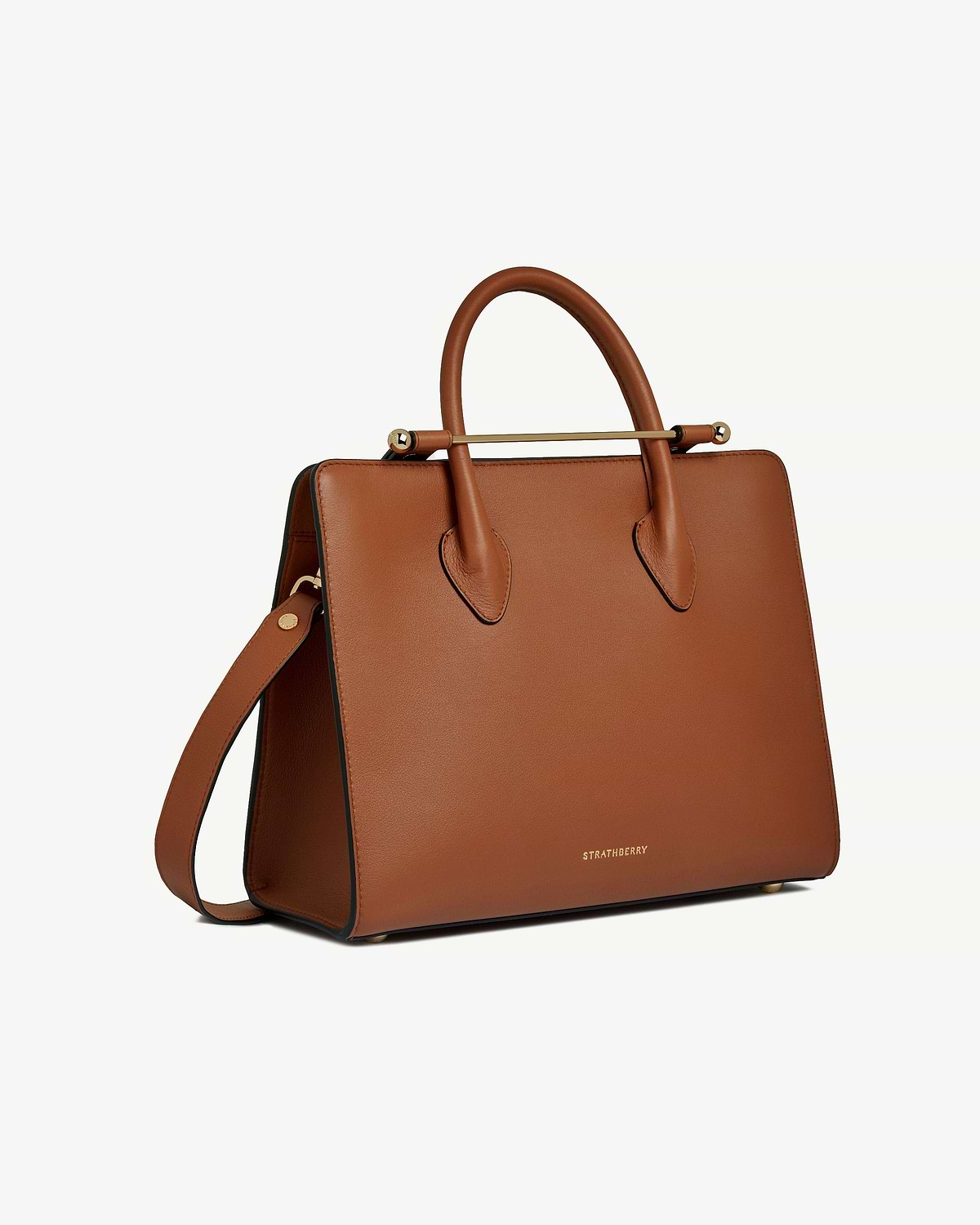 Strathberry chestnut midi tote with top handles, gold bar detail and detachable strap.