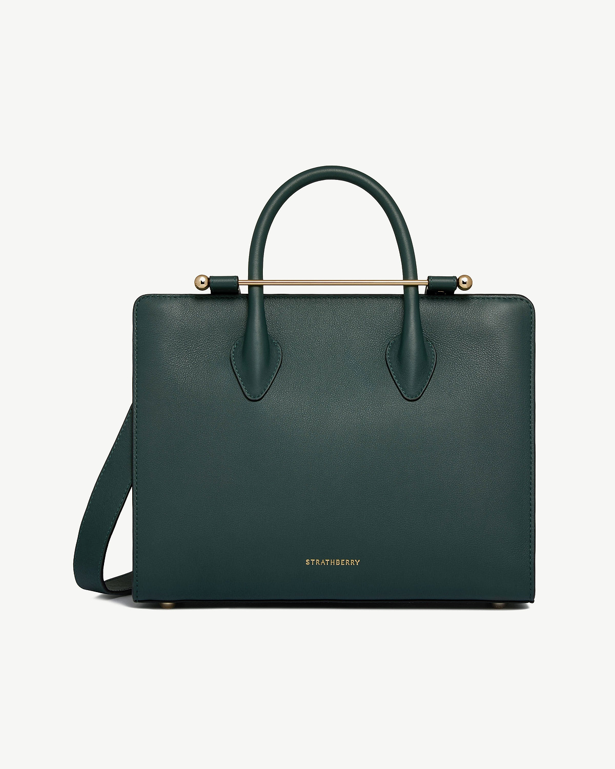 Bottle green midi tote with gold bar detail, top handles and Strathberry logo.