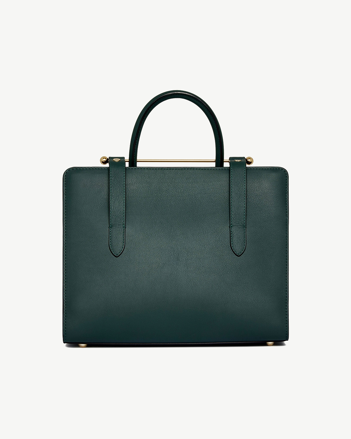 Bottle green midi tote with top handles and gold bar detail, front view.