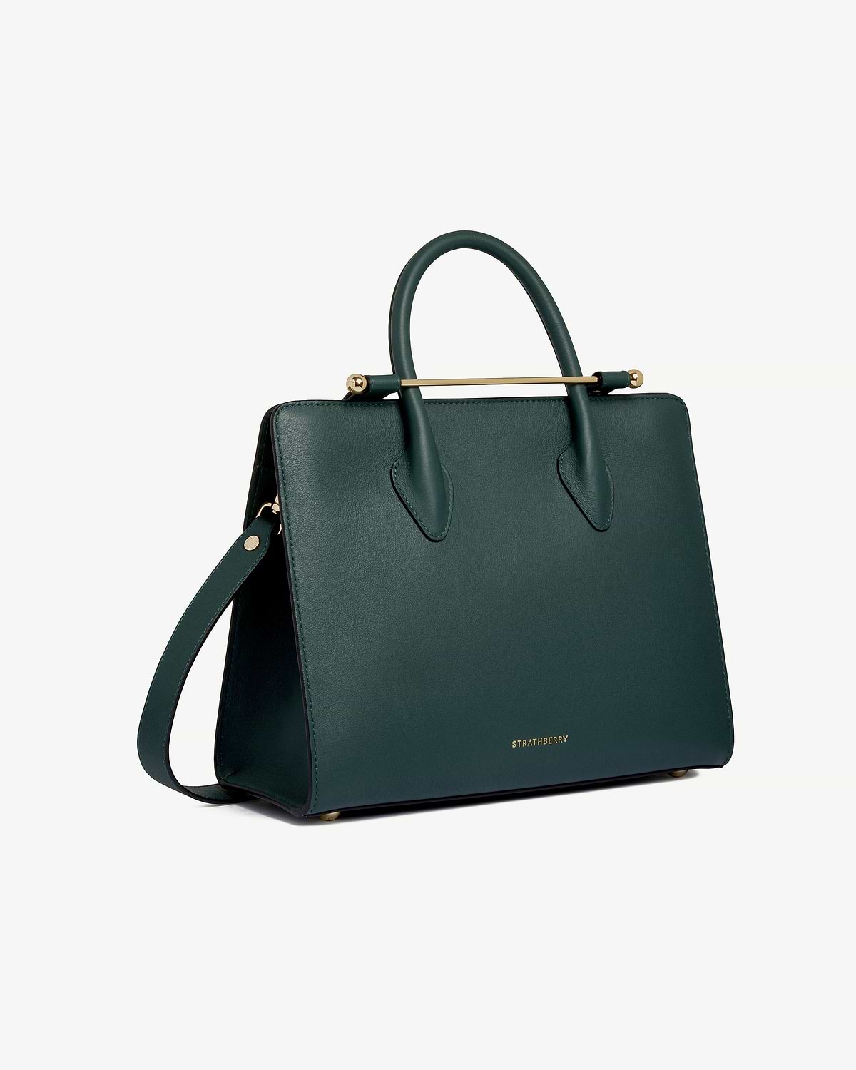 Bottle green Strathberry midi tote with top handles, detachable strap and gold bar.