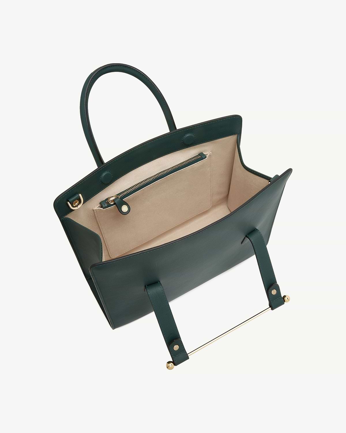 Bottle green midi tote with beige interior, zip pocket, and gold metal bar.