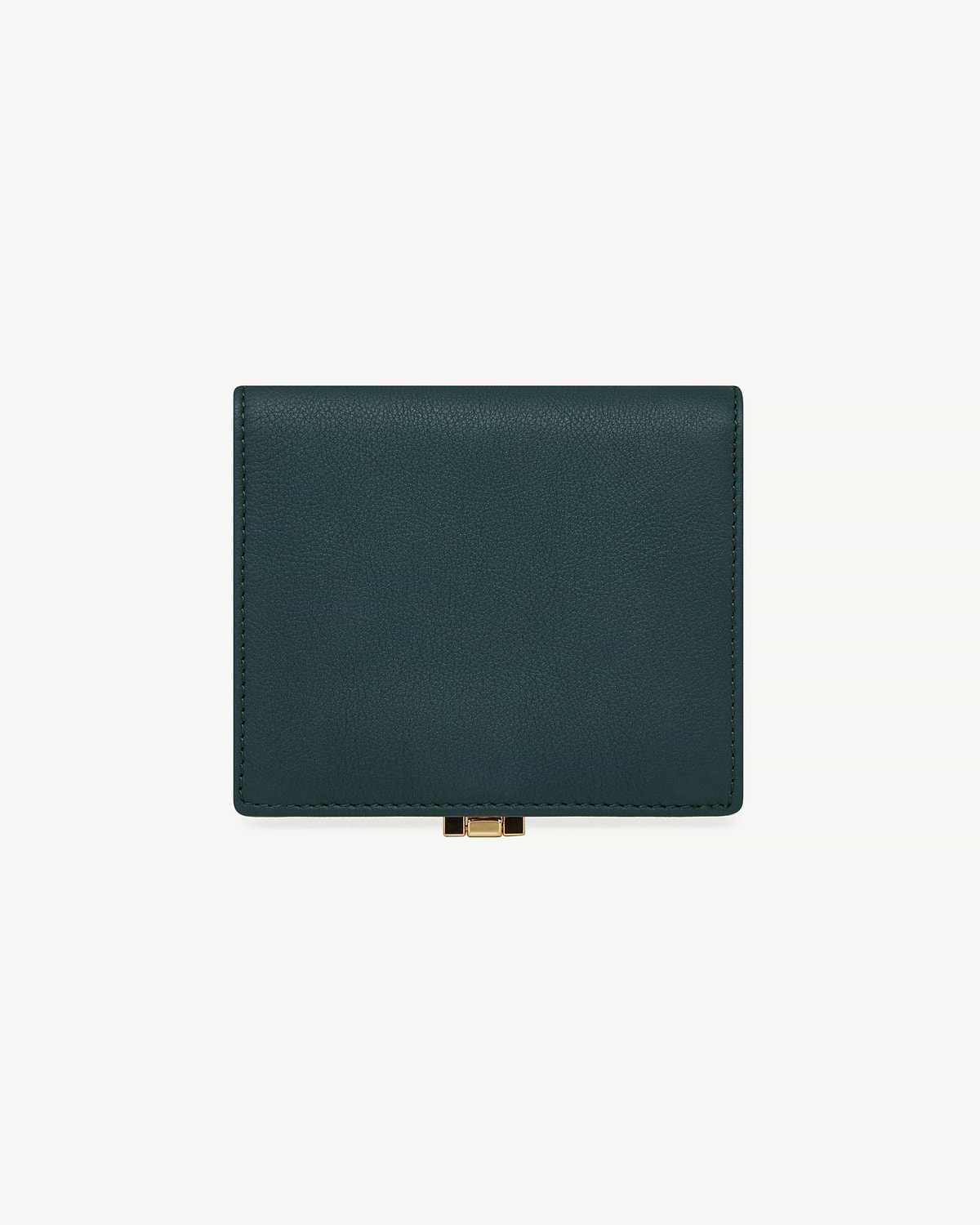 Bottle green leather wallet with pebbled texture and small gold centre clasp.
