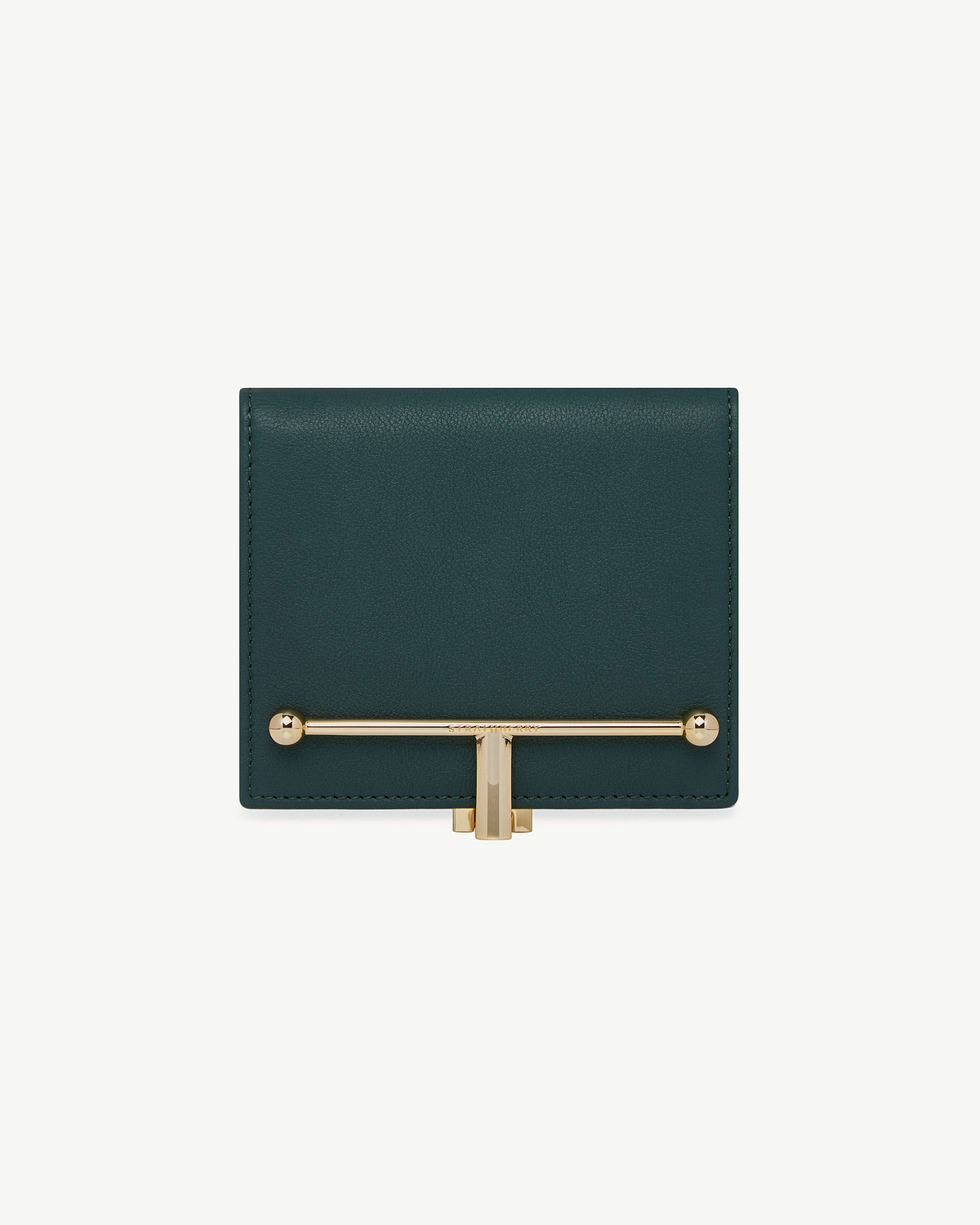 Bottle green leather wallet with horizontal gold bar clasp across front.
