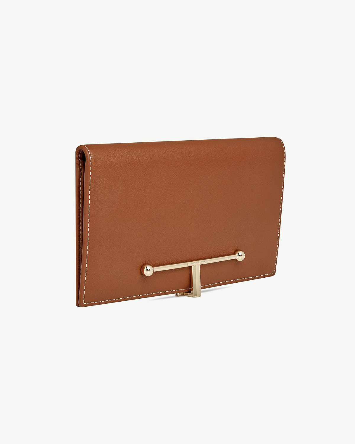 Large Melville Street wallet in chestnut leather with vanilla stitching and gold bar clasp.