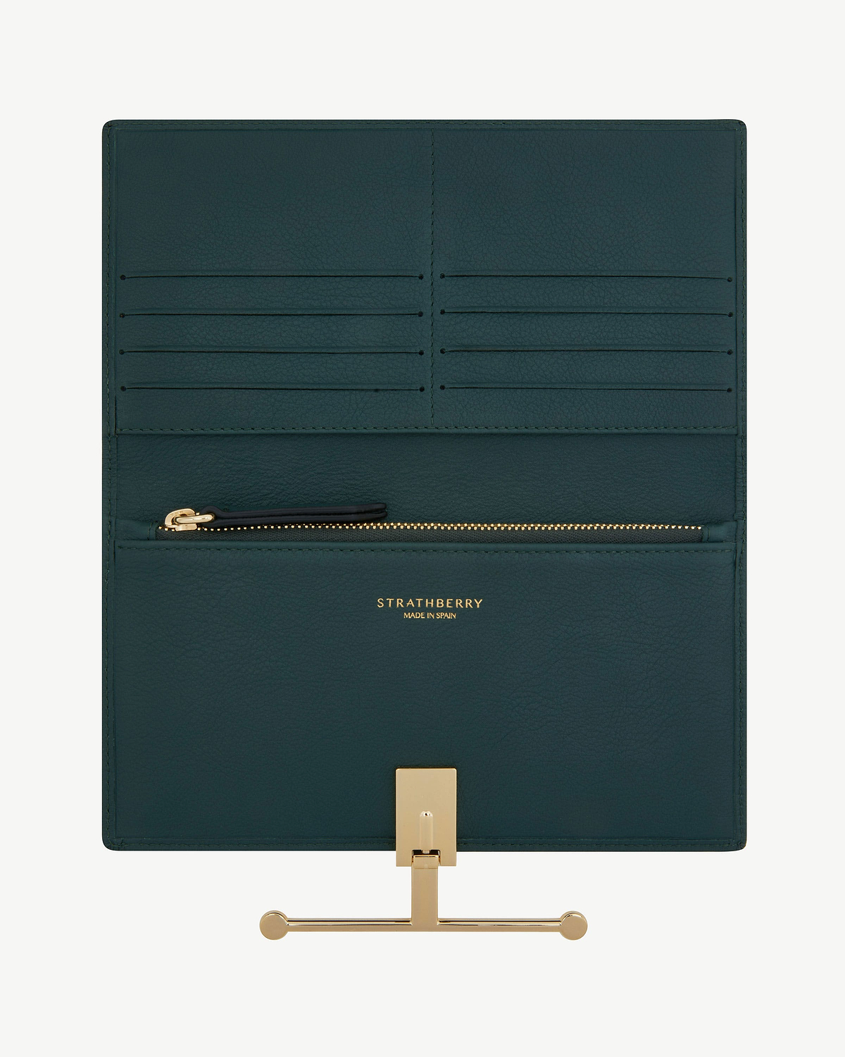 Bottle green large Melville Street wallet open, card slots, zip pocket, Strathberry logo.