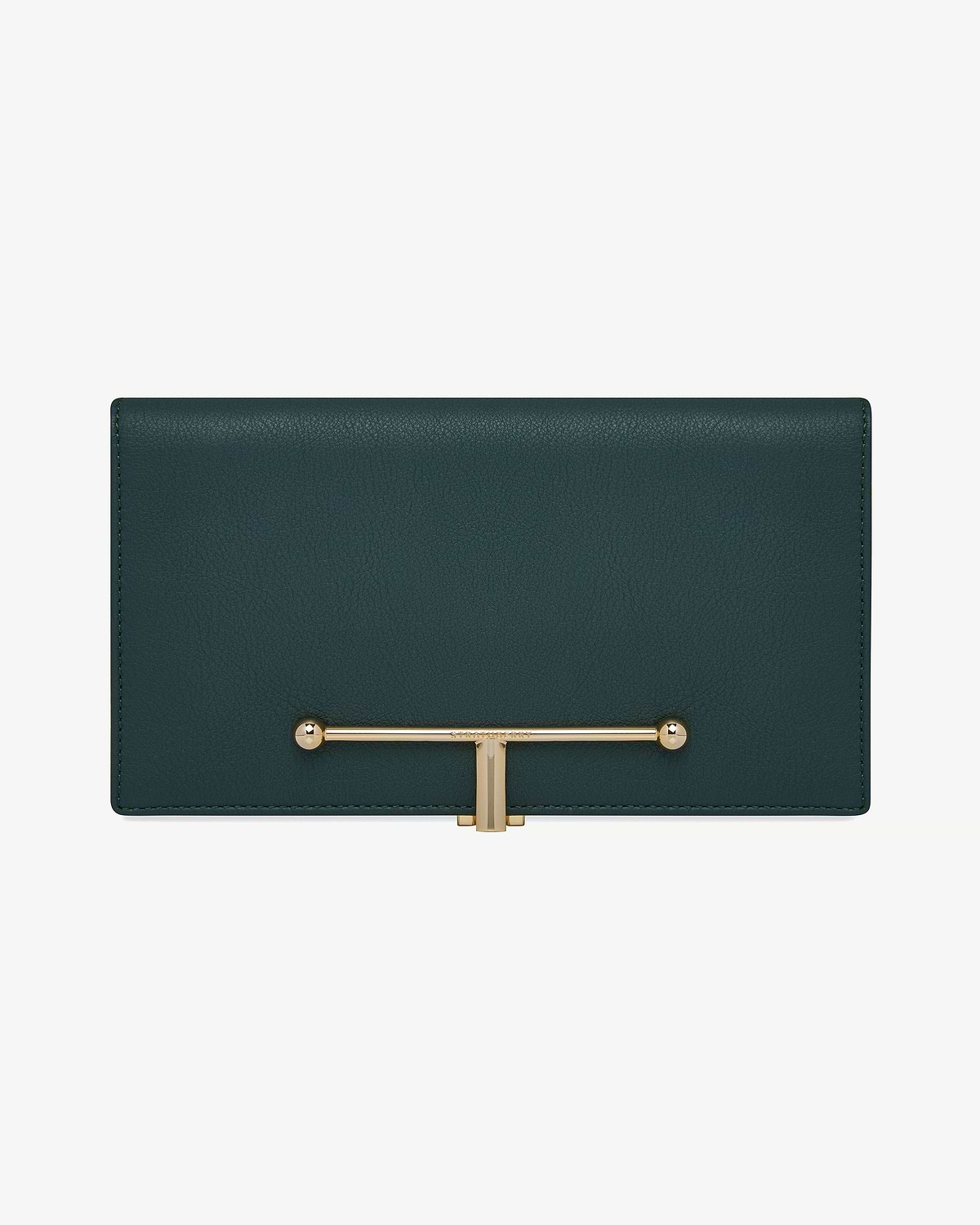 Bottle-green large Melville Street wallet with gold T-bar closure, pebbled leather.