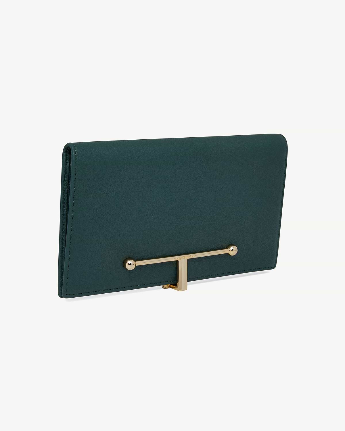 Large bottle green leather wallet with gold T-bar closure and flap.