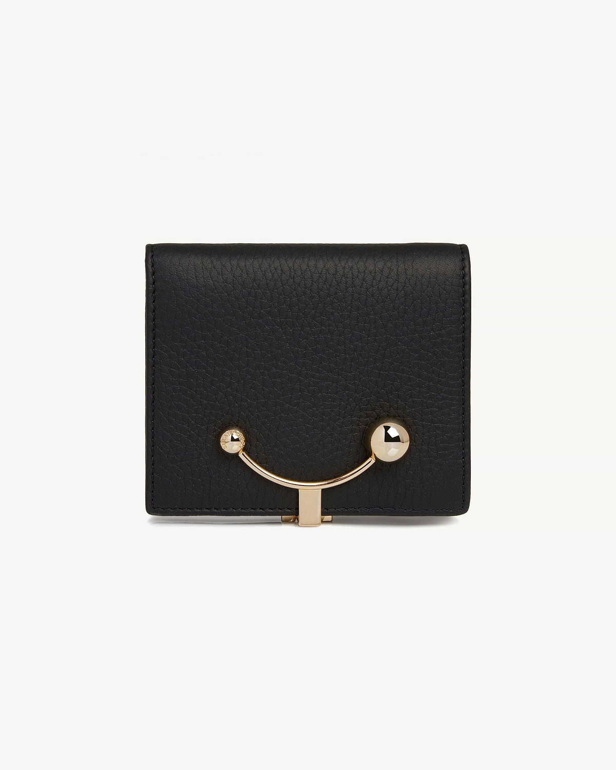 Black crescent wallet with pebbled leather and gold-tone curved bar clasp