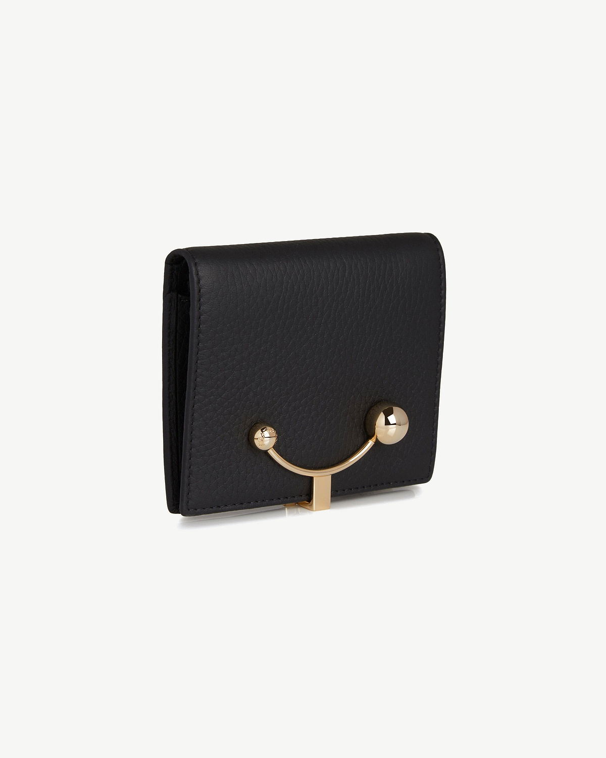 Black crescent wallet in pebbled leather with gold curved bar and ball clasp.