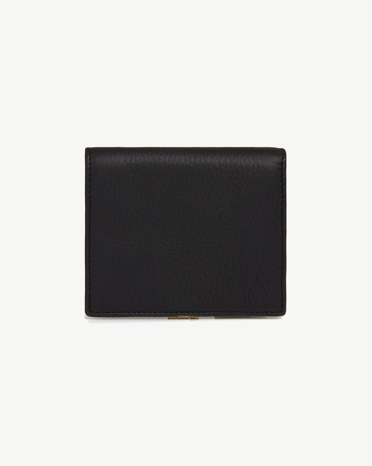 Black crescent wallet in textured leather with stitched edges and small metal clasp.