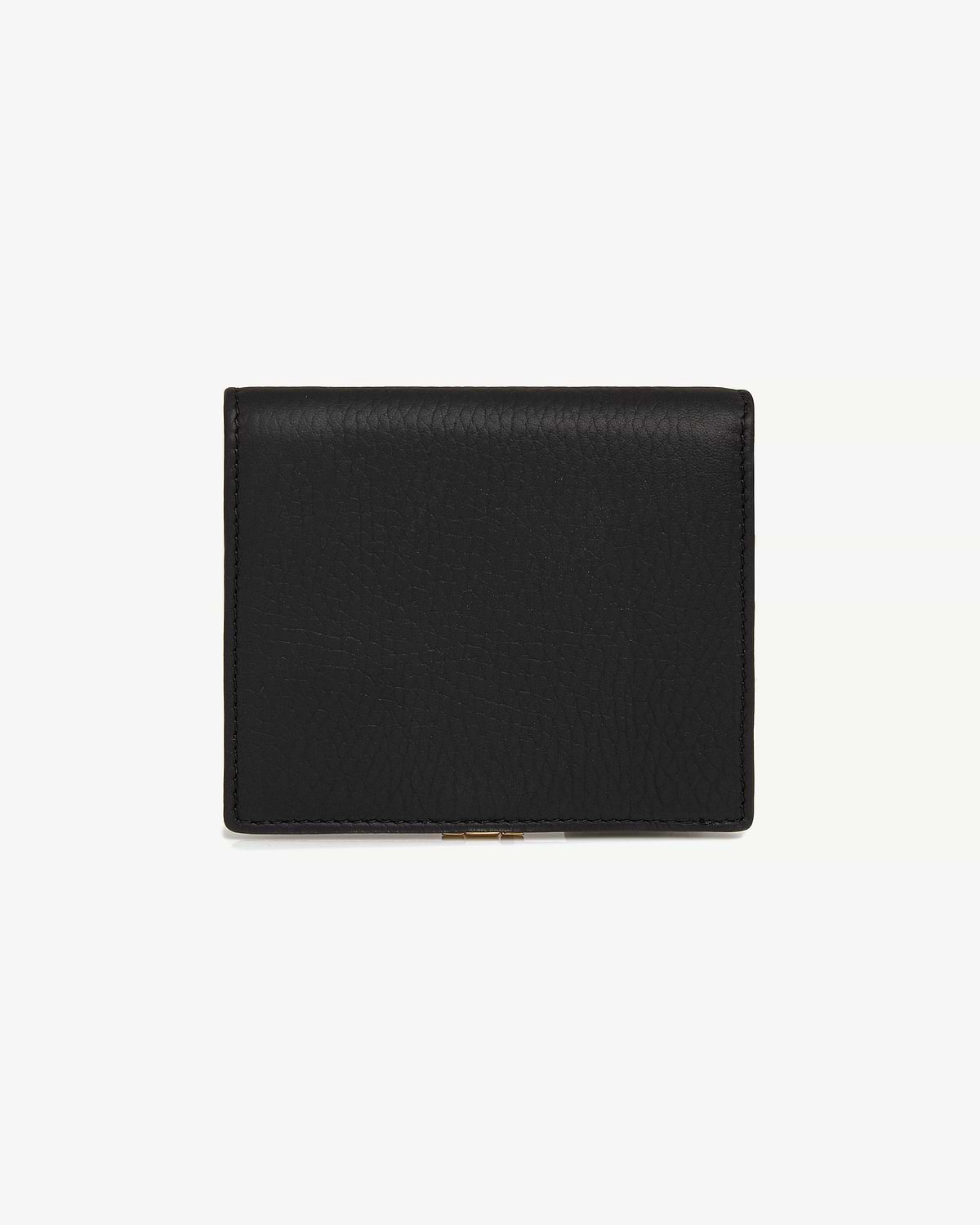 Black crescent wallet in textured leather with stitched edges and small metal clasp.