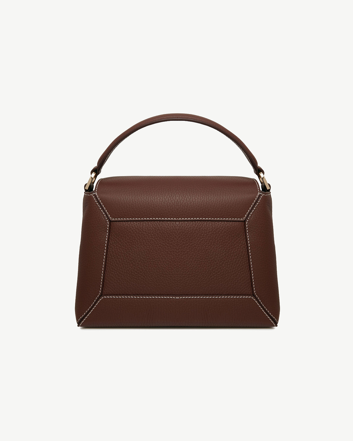 Chocolate leather mosaic bag with vanilla contrast stitching and top handle.