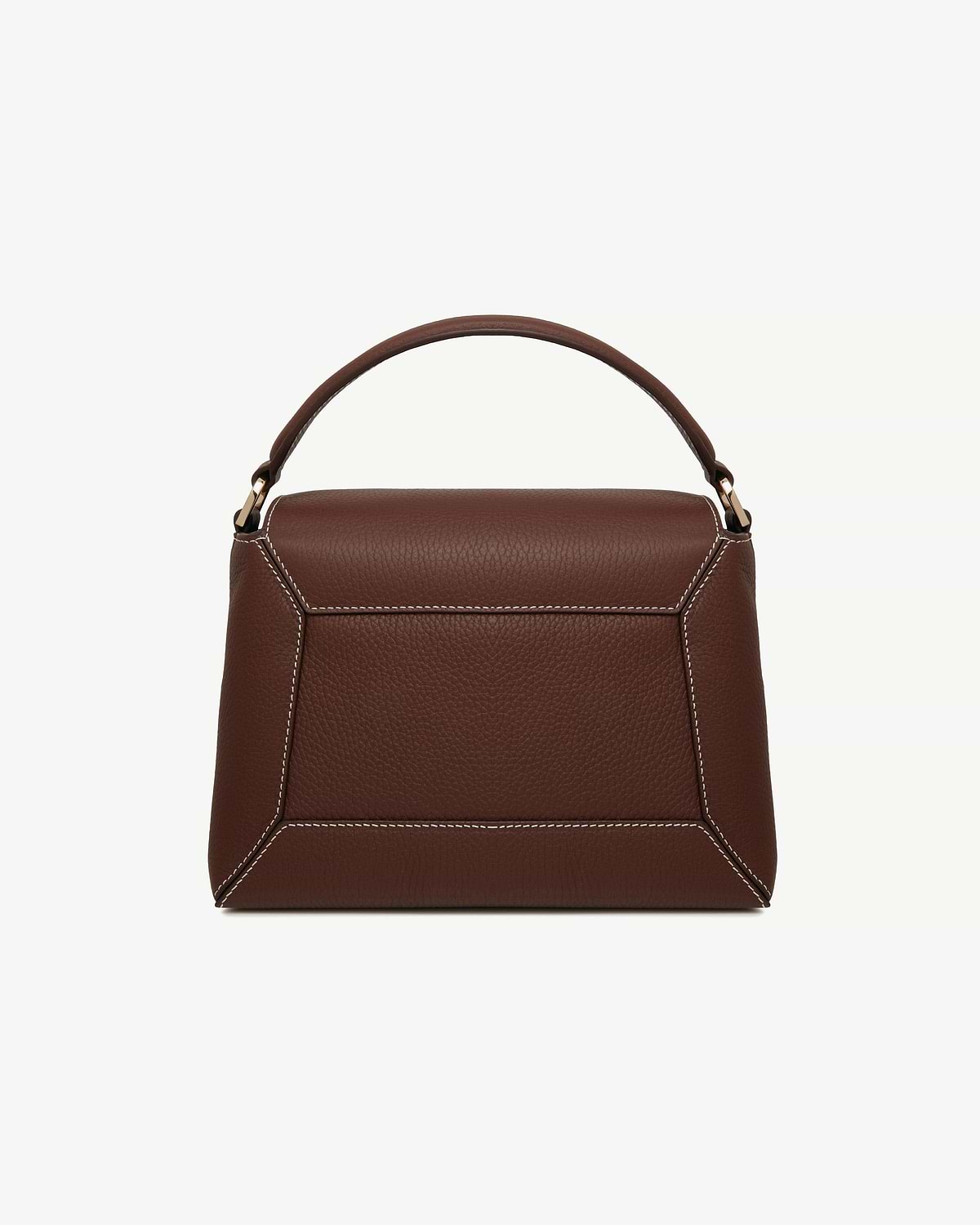 Chocolate leather mosaic bag with vanilla contrast stitching and top handle.