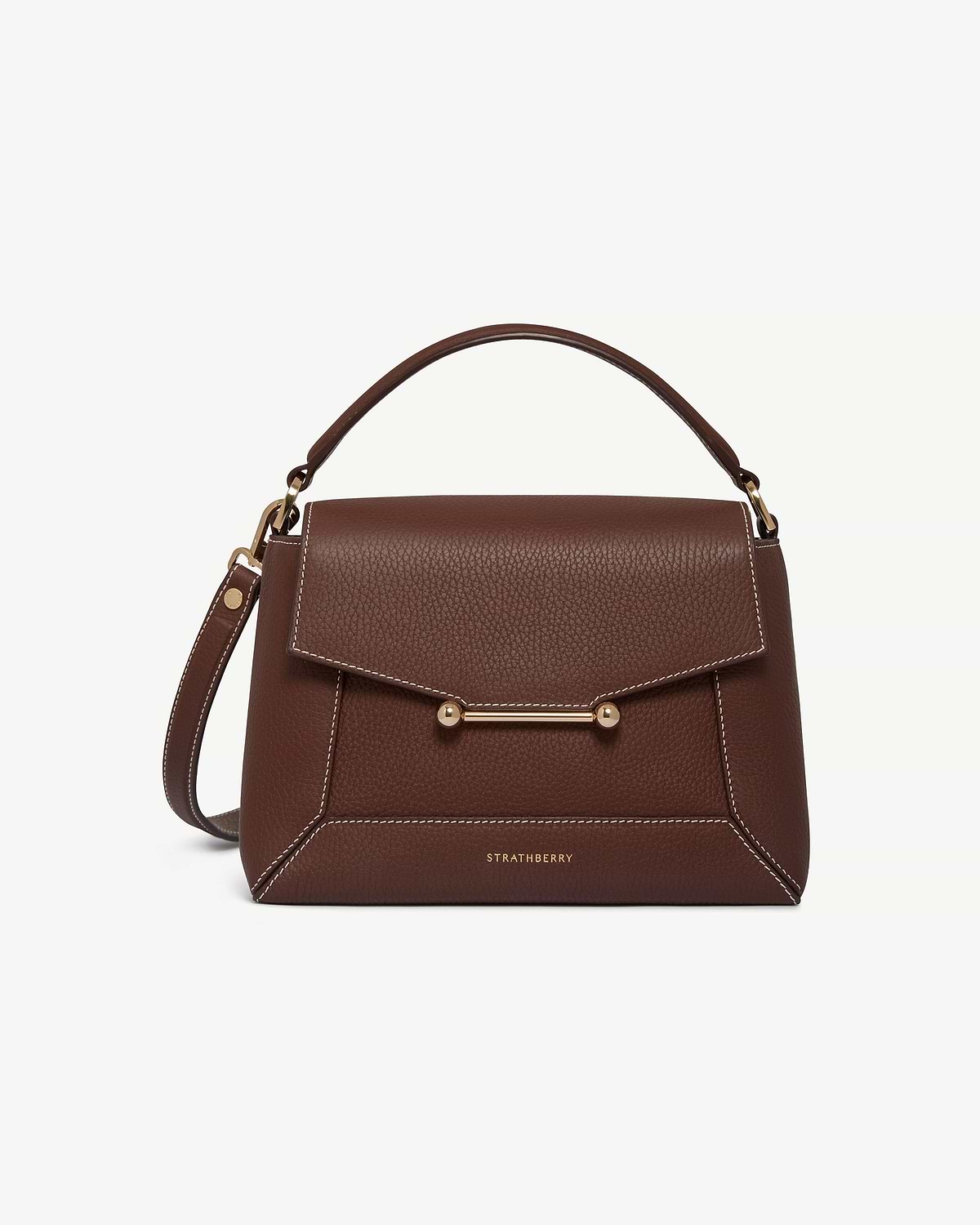Strathberry Mosaic bag in chocolate leather with vanilla contrast stitching and gold hardware