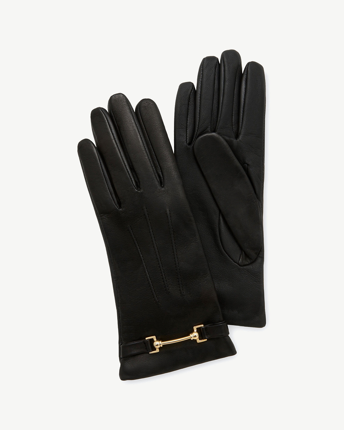 Black leather gloves with gold horsebit at cuff and three stitched lines.