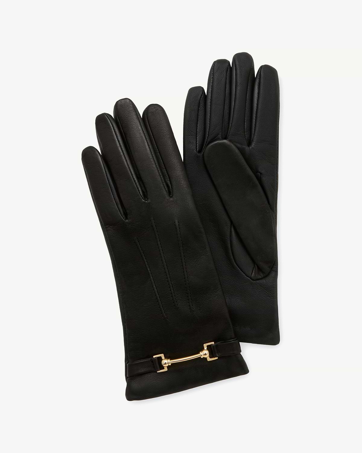 Black leather gloves with gold horsebit at cuff and three stitched lines.