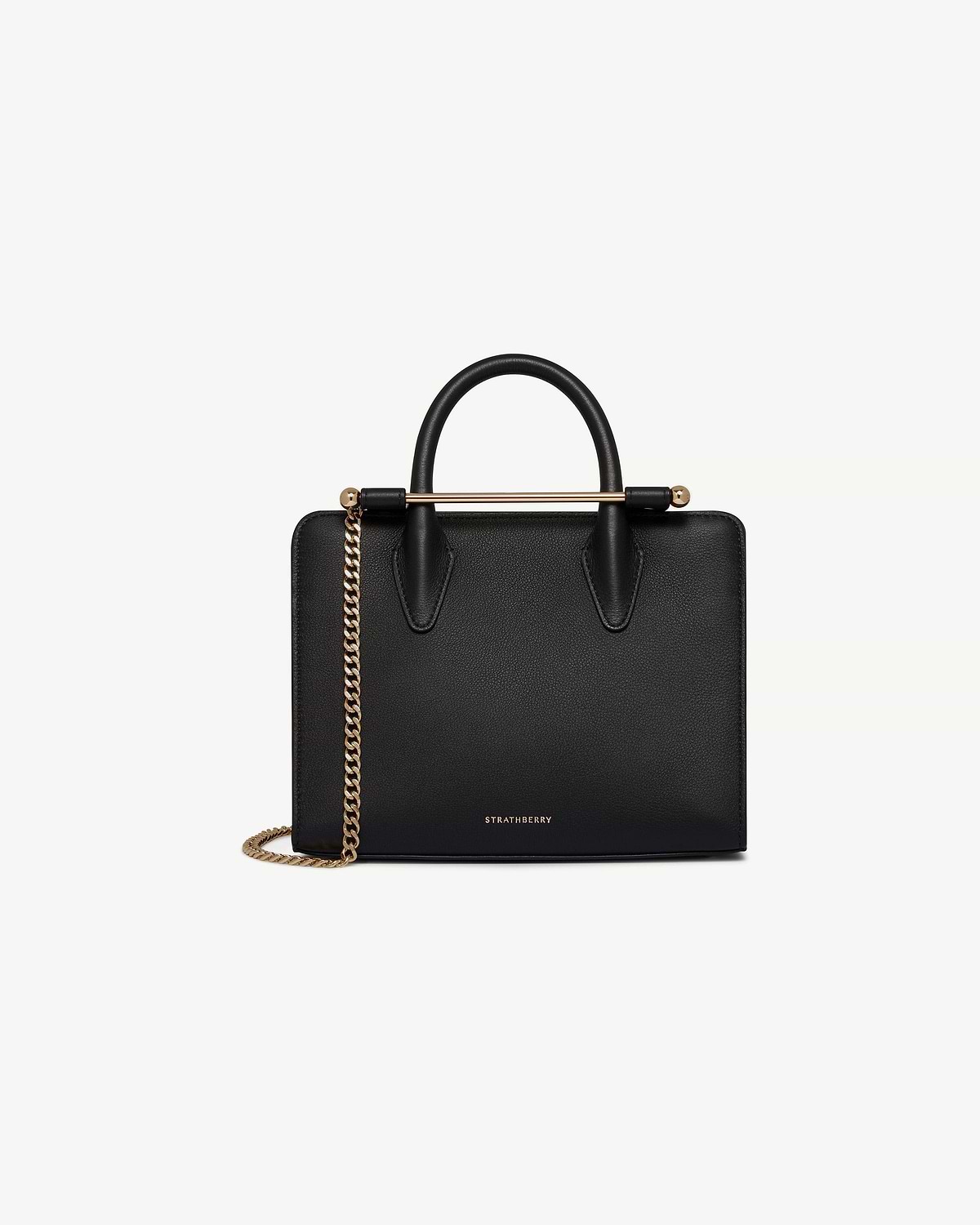 Black Strathberry mini tote with top handles and gold chain shoulder strap.