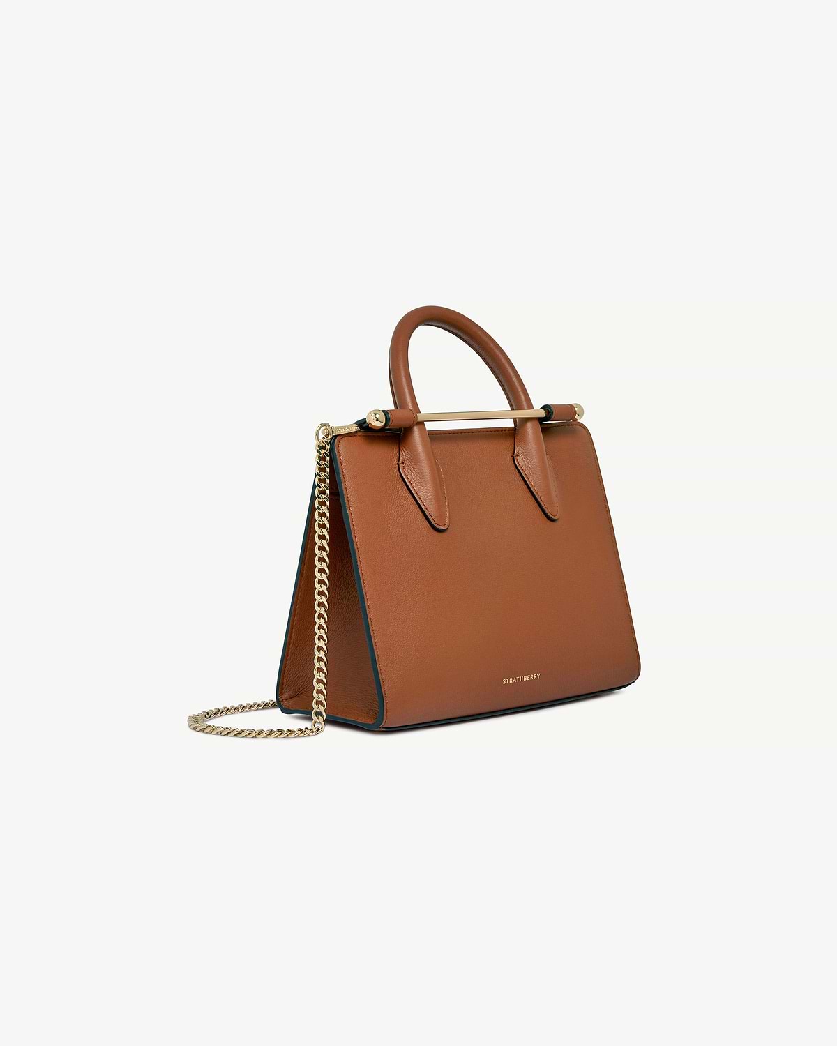Strathberry chestnut mini tote with top handle and gold chain strap.