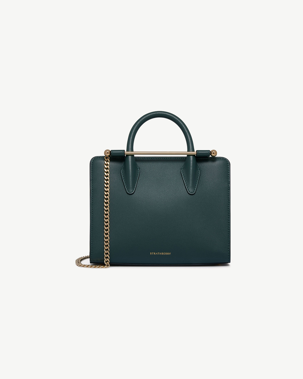 Strathberry bottle green mini tote with top handles and gold chain strap.