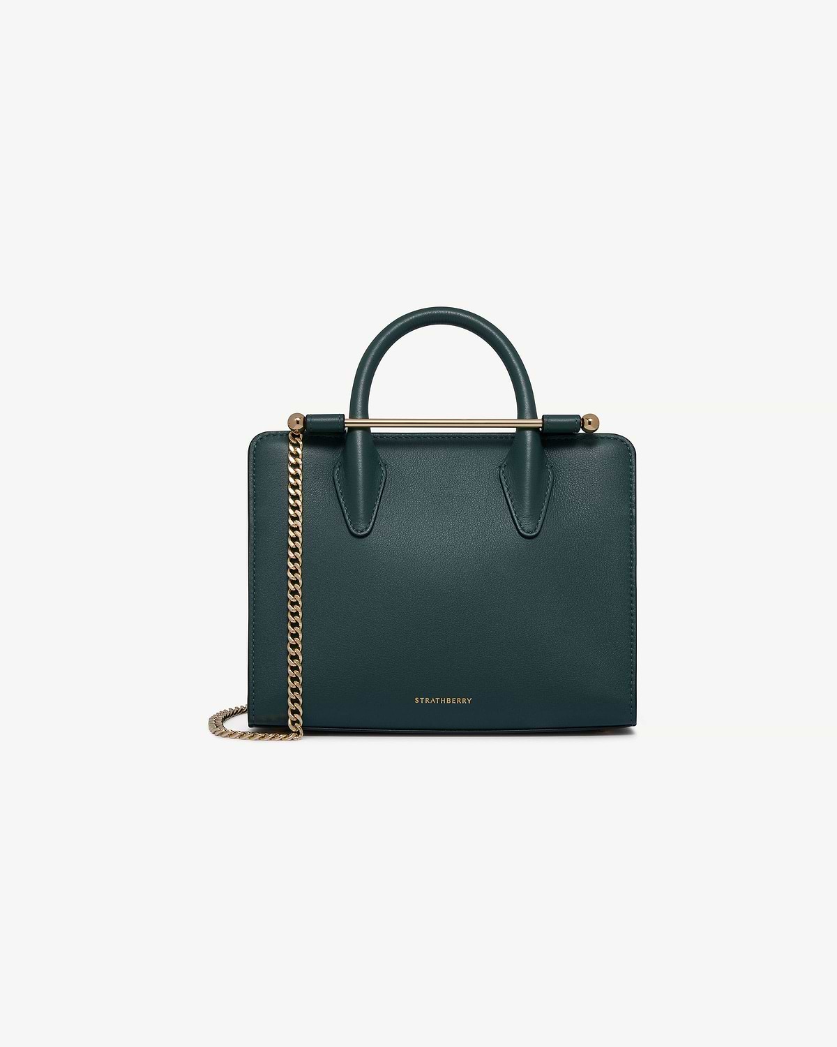 Strathberry bottle green mini tote with top handles and gold chain strap.