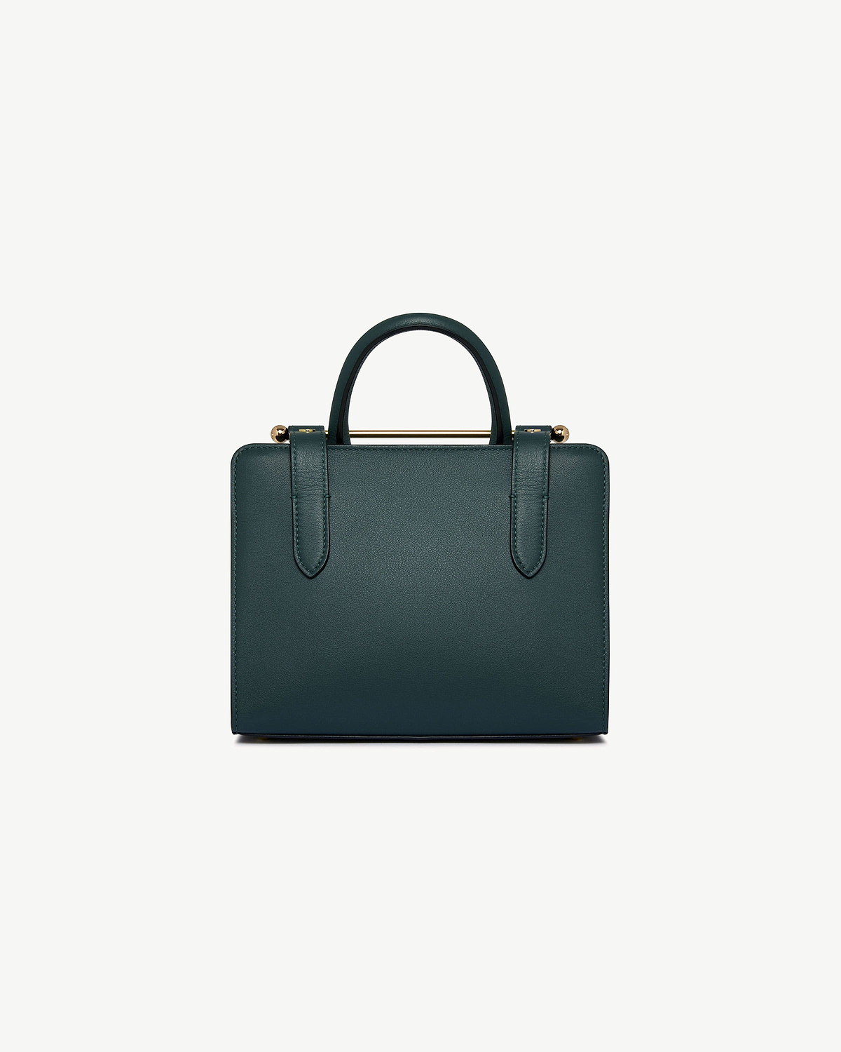 Top of a bottle green mini tote with rounded top handles and gold bar hardware.