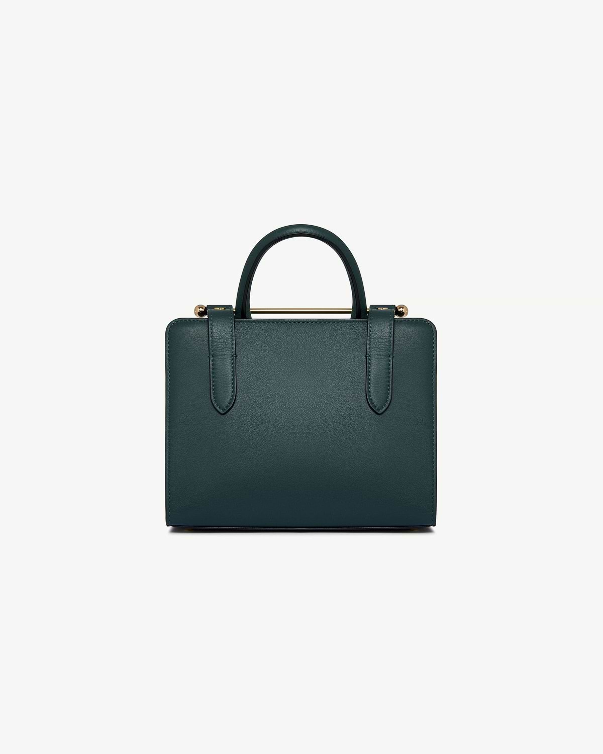 Top of a bottle green mini tote with rounded top handles and gold bar hardware.