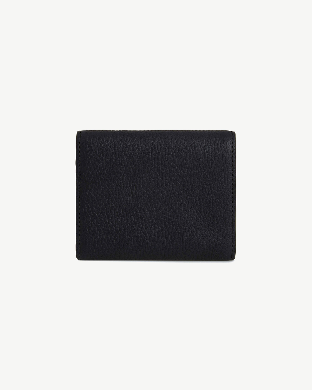 Black mosaic trifold wallet in pebbled leather, closed front view.