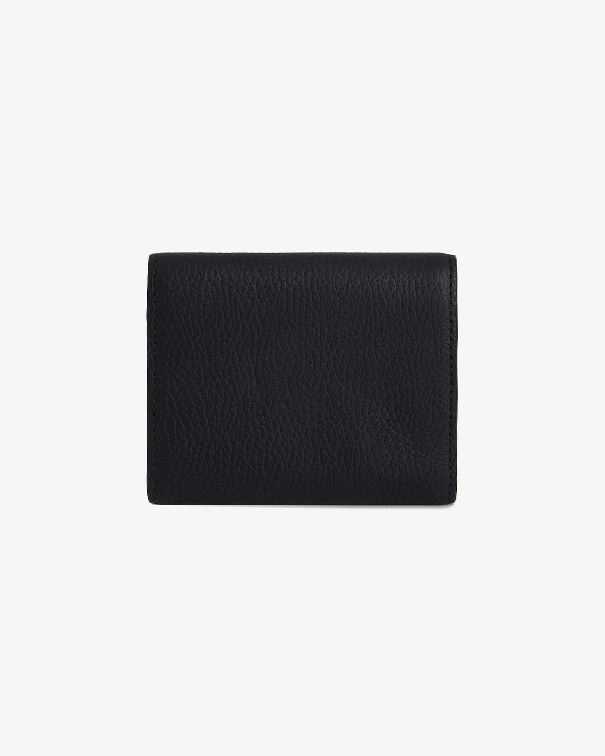 Black mosaic trifold wallet in pebbled leather, closed front view.