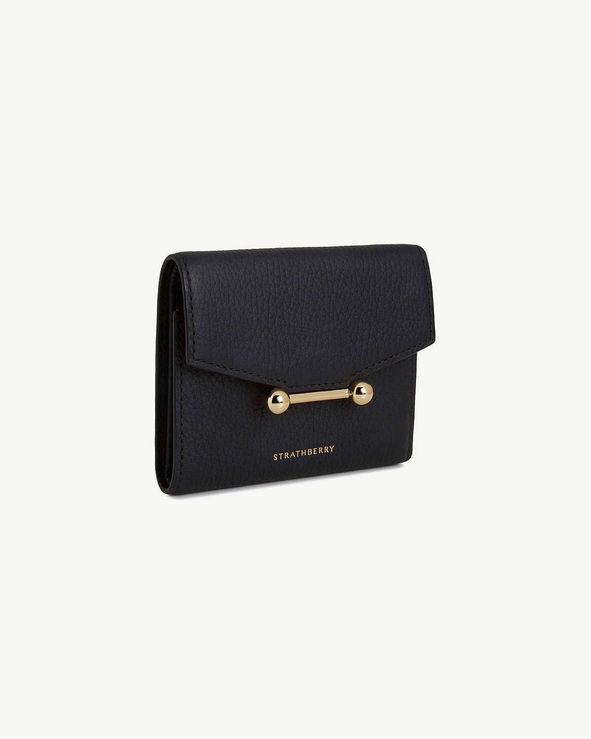 Black Strathberry Mosaic trifold wallet with gold bar closure and pebble leather.