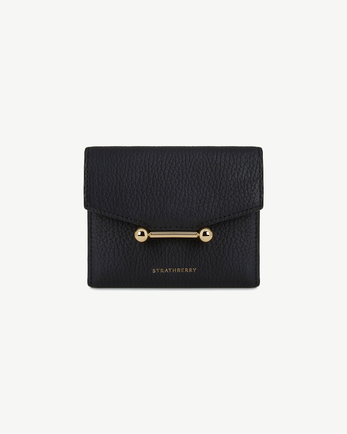 Black mosaic trifold wallet with gold bar clasp and Strathberry logo.