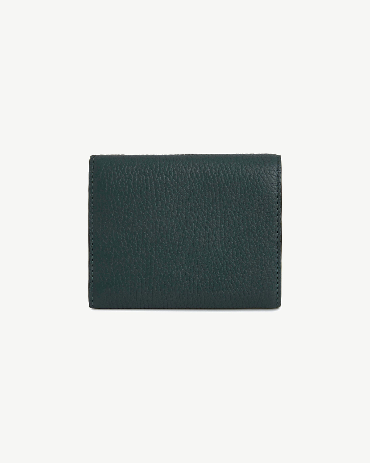 Bottle green trifold wallet in pebbled leather, closed on white background