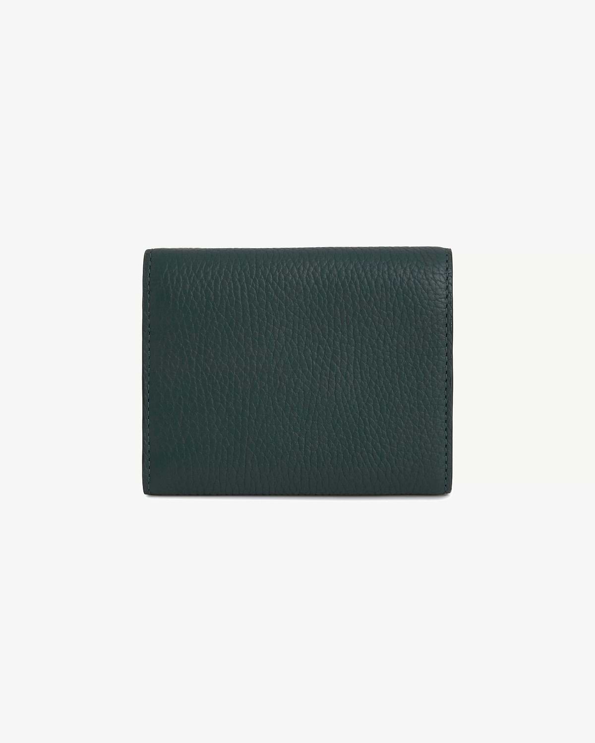 Bottle green trifold wallet in pebbled leather, closed on white background