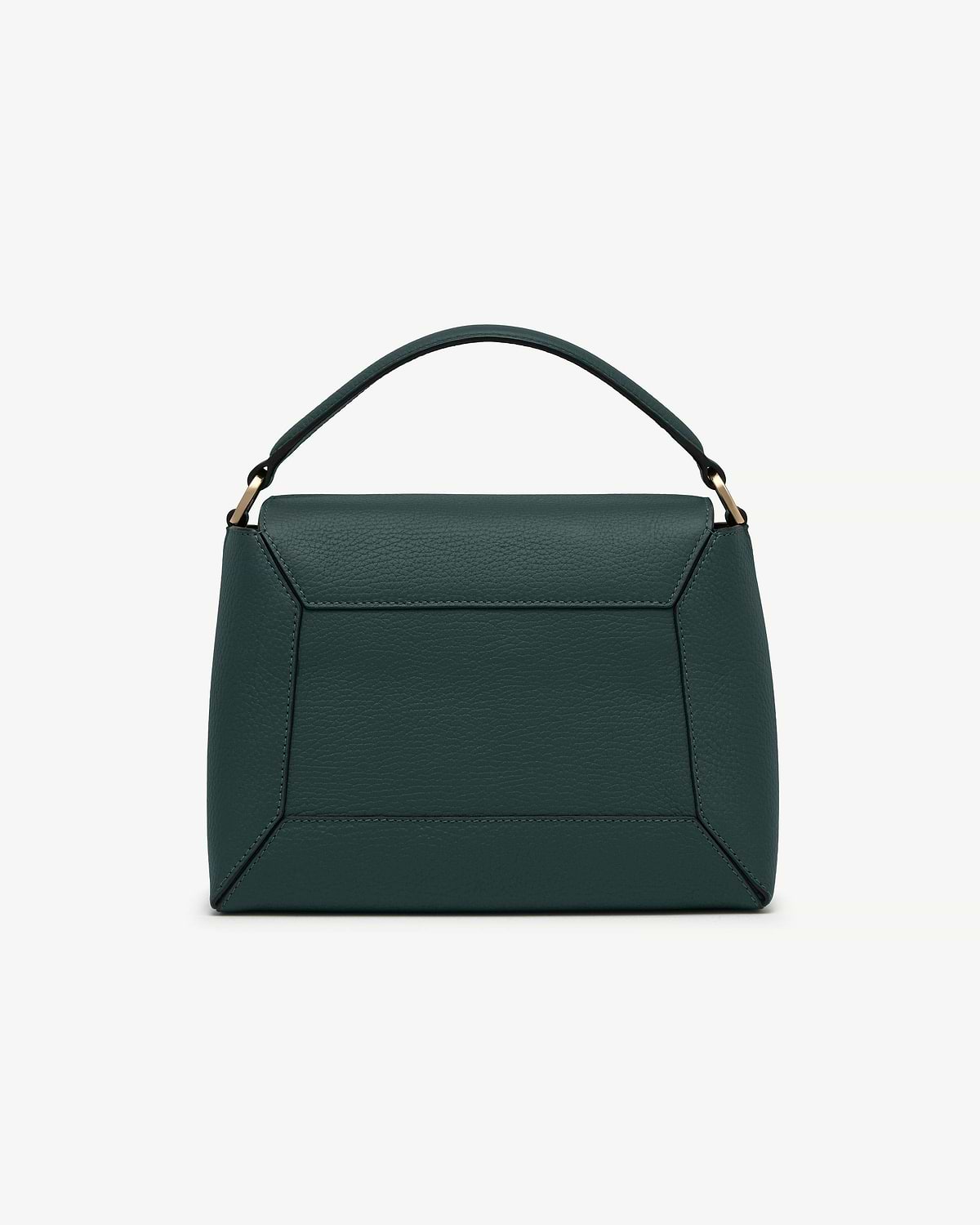 Bottle green mosaic bag with top handle, geometric stitched panels and gold hardware.
