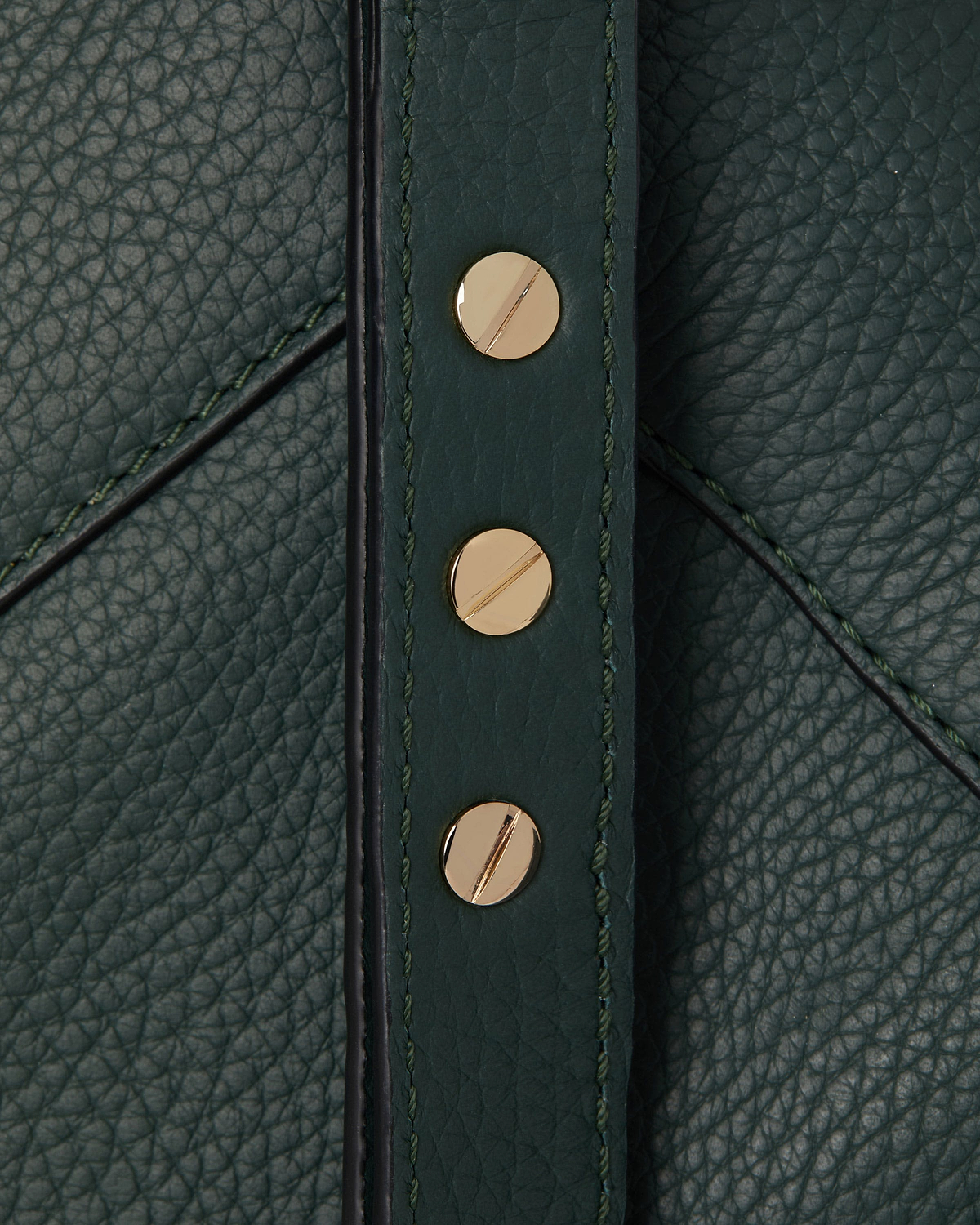 Bottle green mosaic bag strap in pebbled leather with three gold screw-head studs.