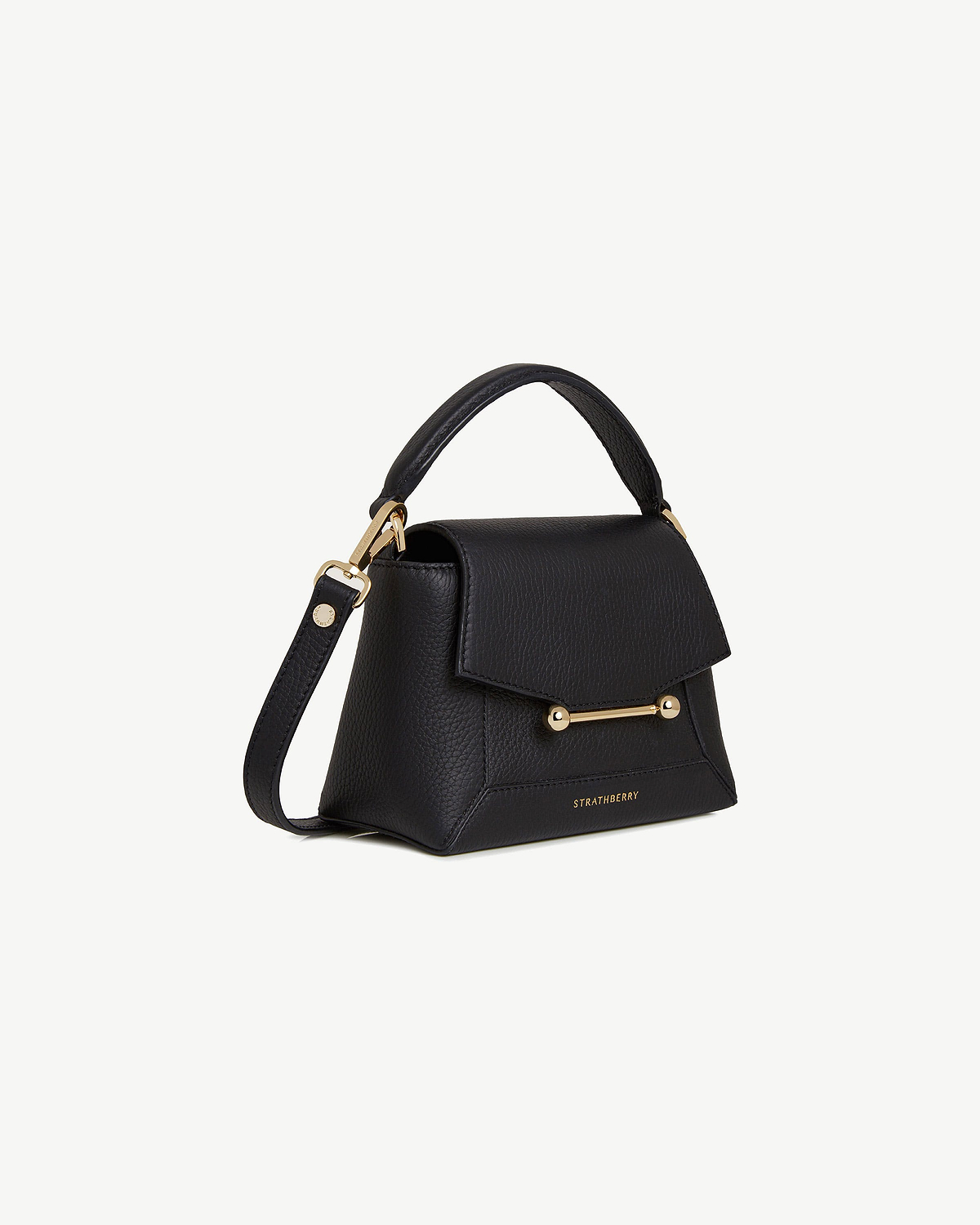 Black Strathberry Mosaic Nano top-handle bag with gold bar and detachable strap.
