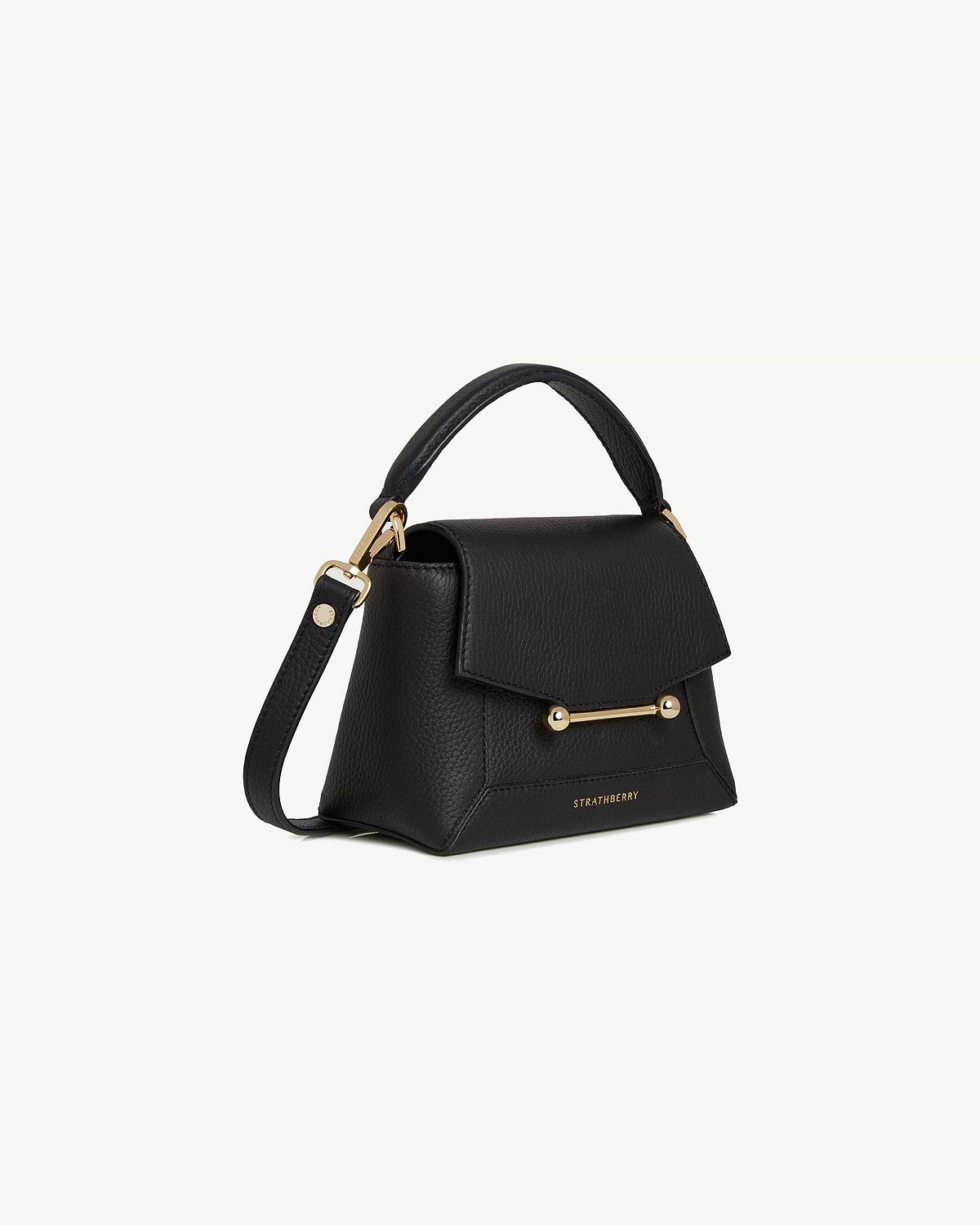 Black Strathberry Mosaic Nano top-handle bag with gold bar and detachable strap.