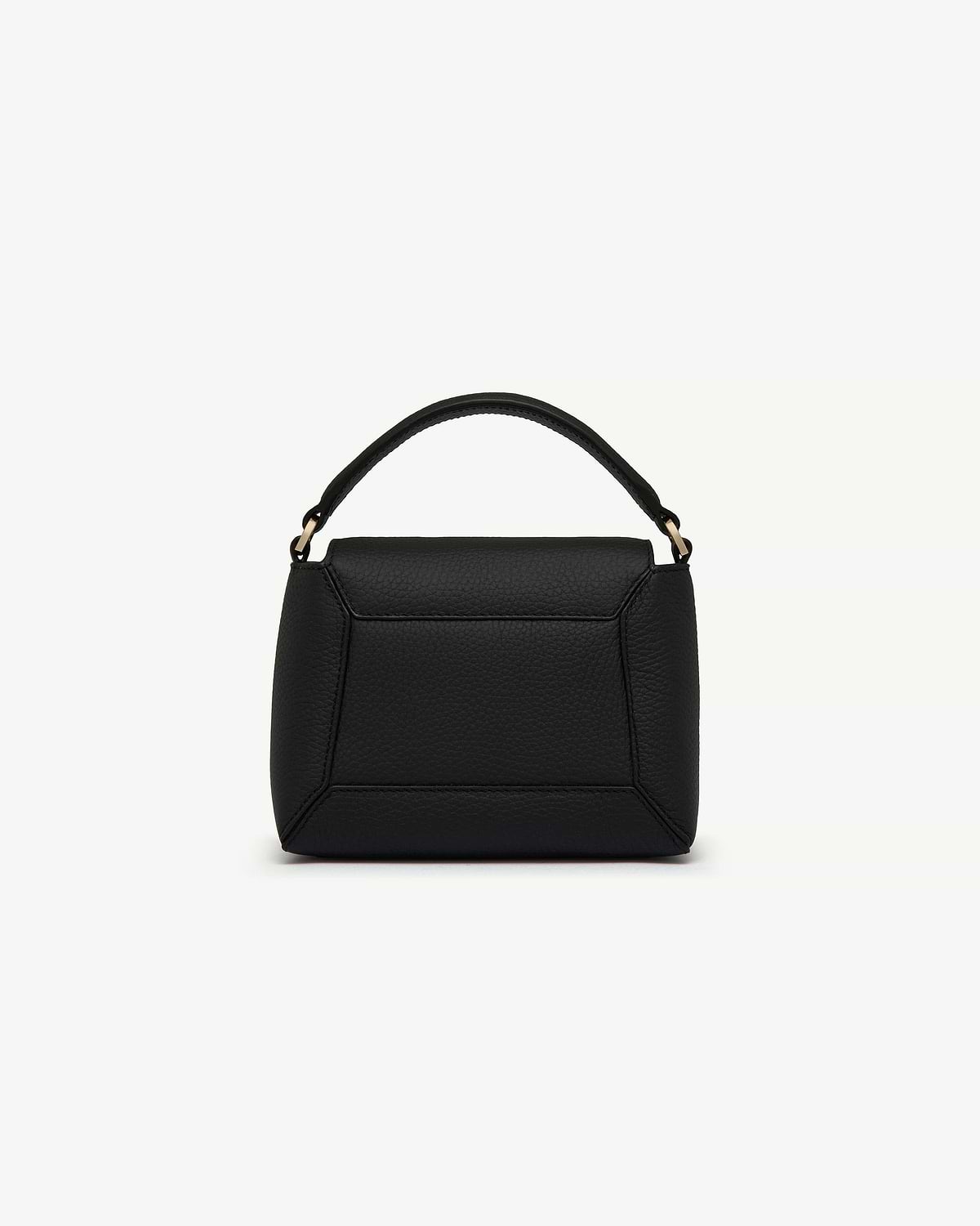 Small black leather top-handle bag with geometric panel stitching on white background.