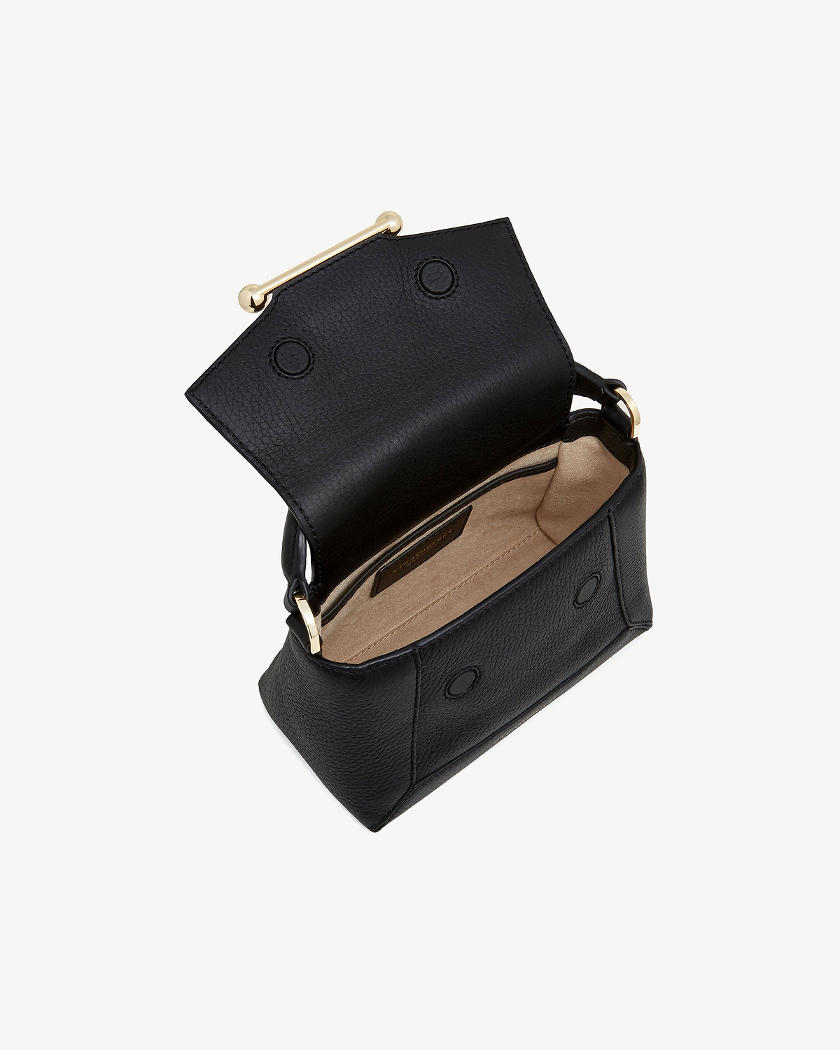 Black Mosaic Nano bag open, showing beige interior lining and gold bar hardware.