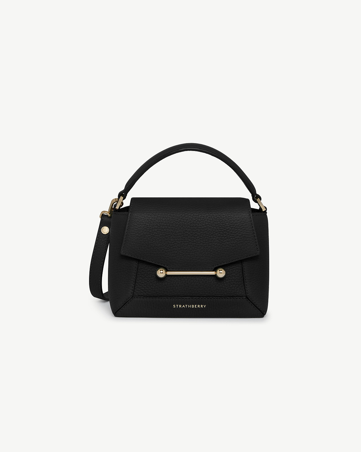 Black Strathberry Mosaic Nano bag with top handle, gold bar detail and detachable strap.