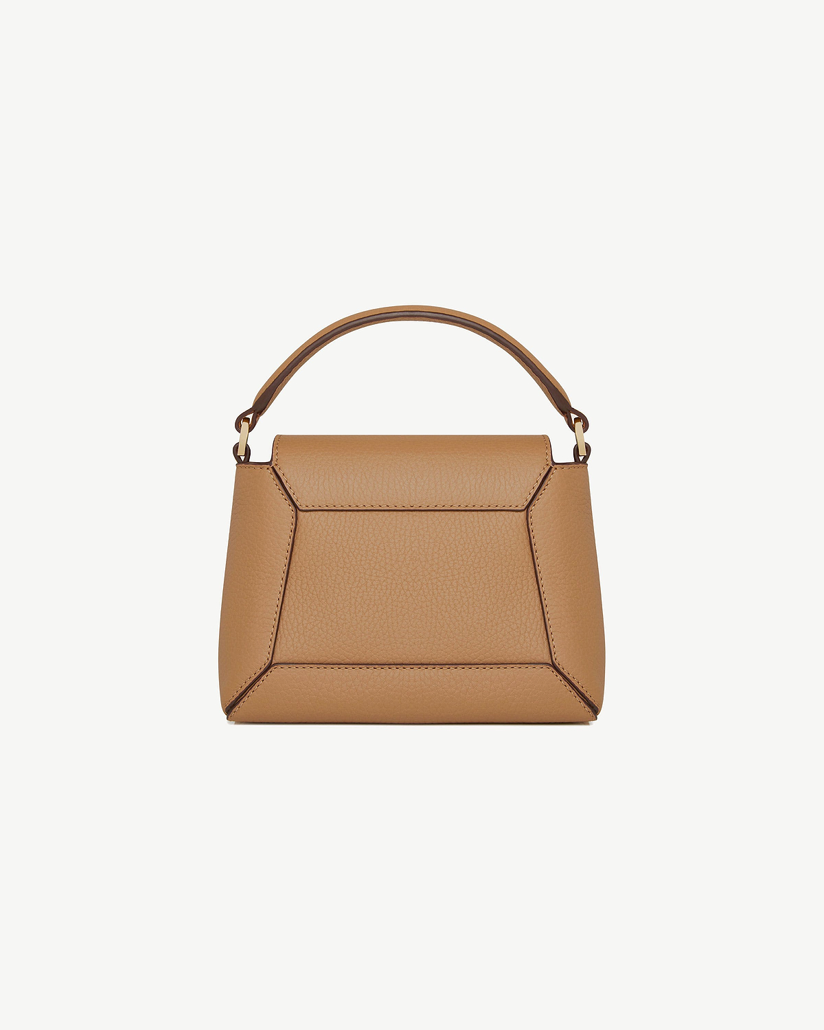 Caramel leather mini top-handle bag, front view showing handle and geometric panels