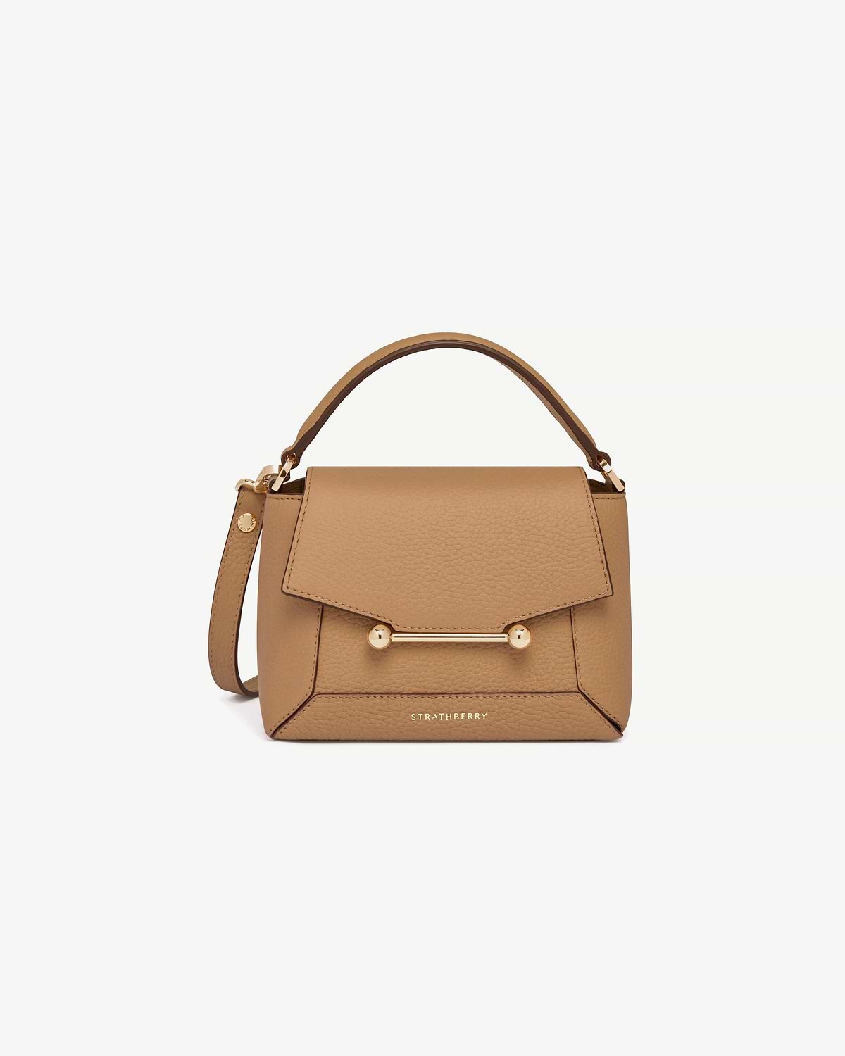 Strathberry Mosaic Nano caramel leather bag with top handle and gold bar.