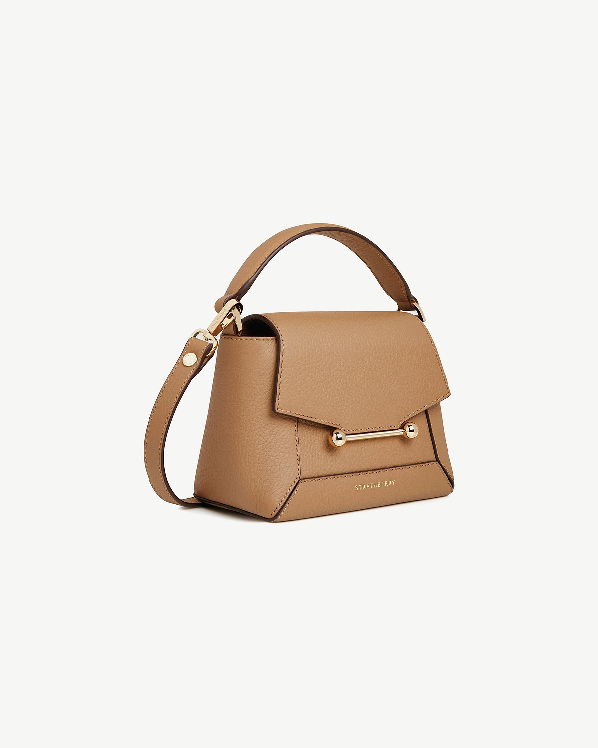 Caramel Mosaic Nano bag with top handle, gold bar fastening and Strathberry logo