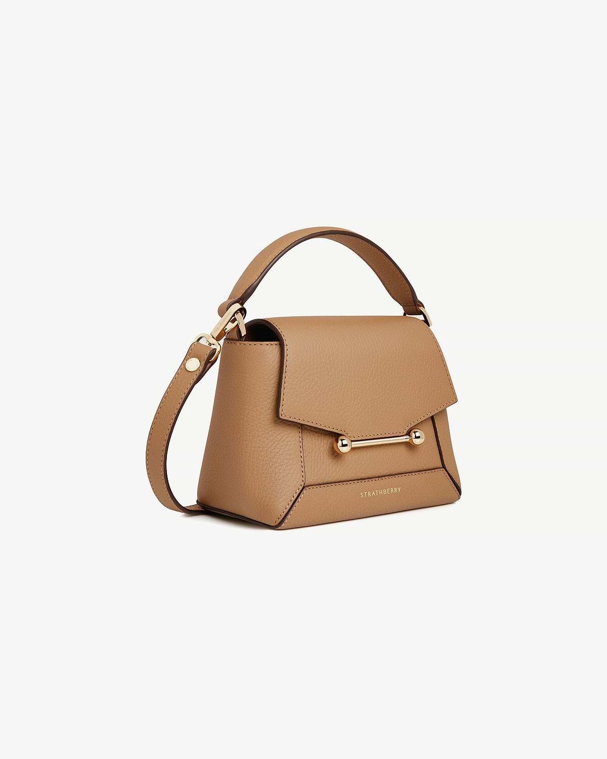Caramel Mosaic Nano bag with top handle, gold bar fastening and Strathberry logo