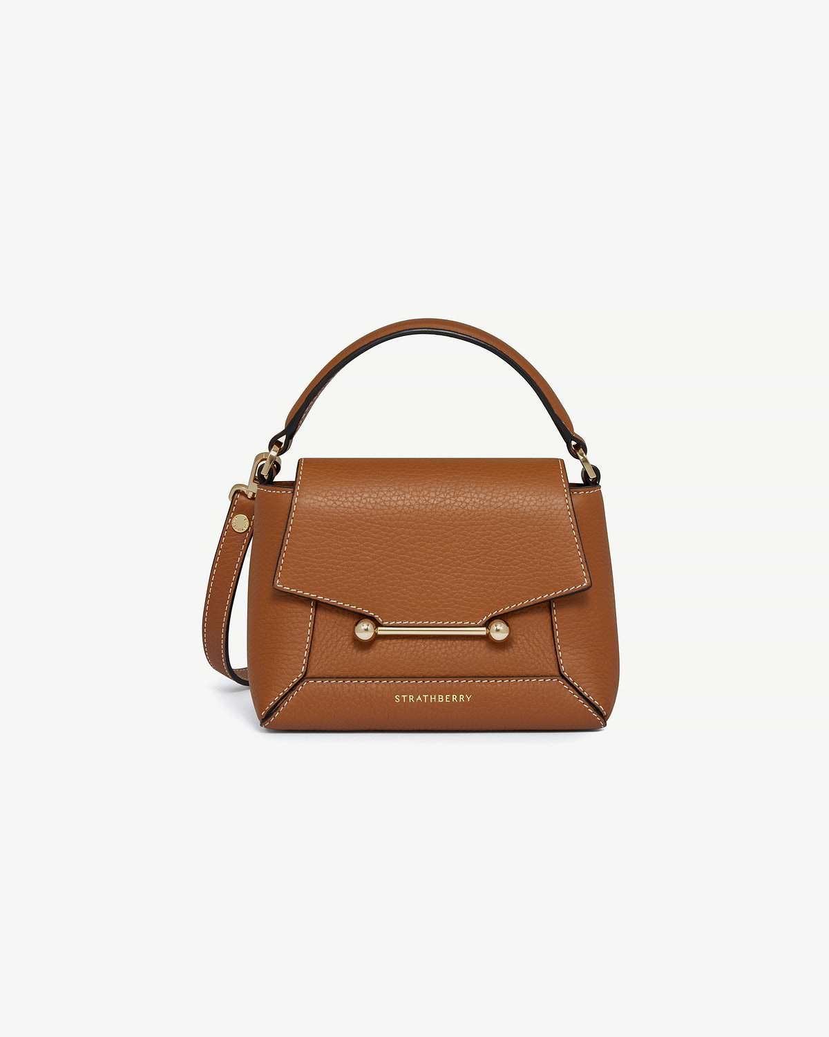 Strathberry Mosaic Nano tan bag with vanilla stitching, top handle and gold bar hardware.