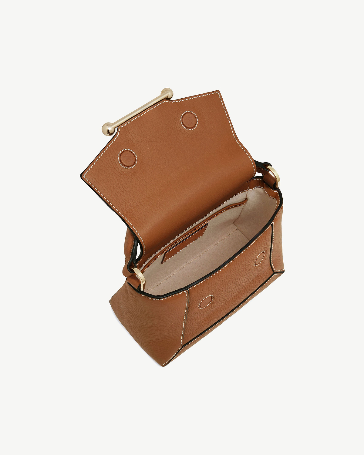 Tan leather Mosaic Nano bag with vanilla stitching, open showing beige interior.