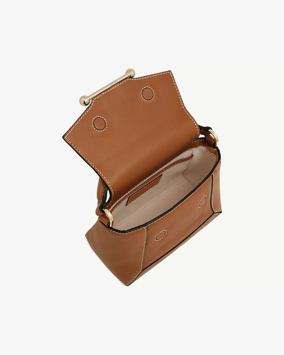 Tan leather Mosaic Nano bag with vanilla stitching, open showing beige interior.