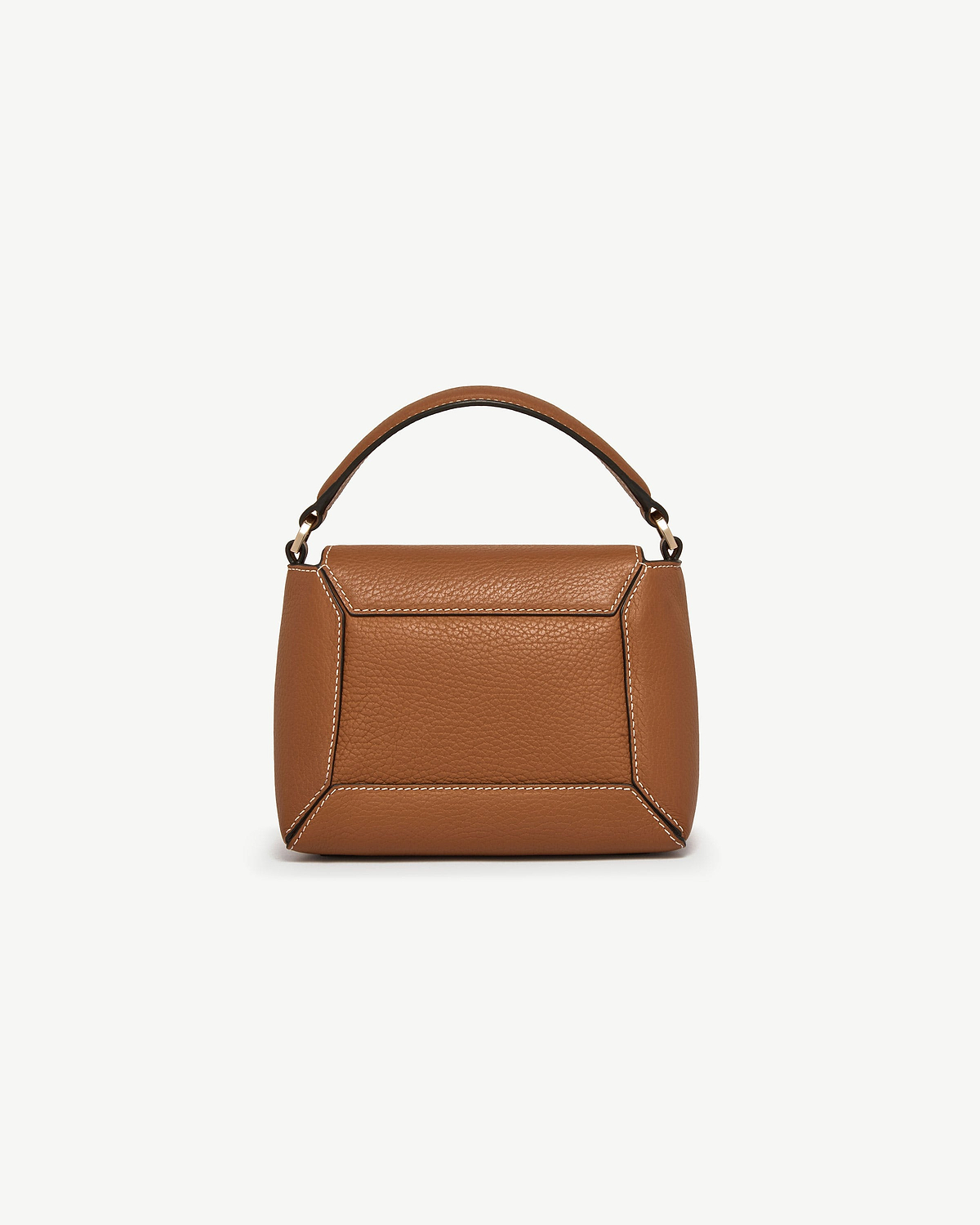 Tan pebbled leather top-handle bag with vanilla contrast stitching and boxed panels
