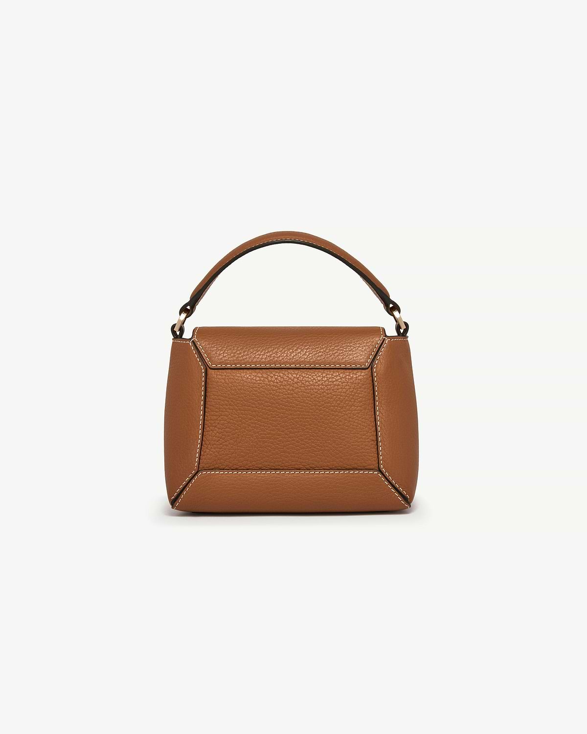 Tan pebbled leather top-handle bag with vanilla contrast stitching and boxed panels