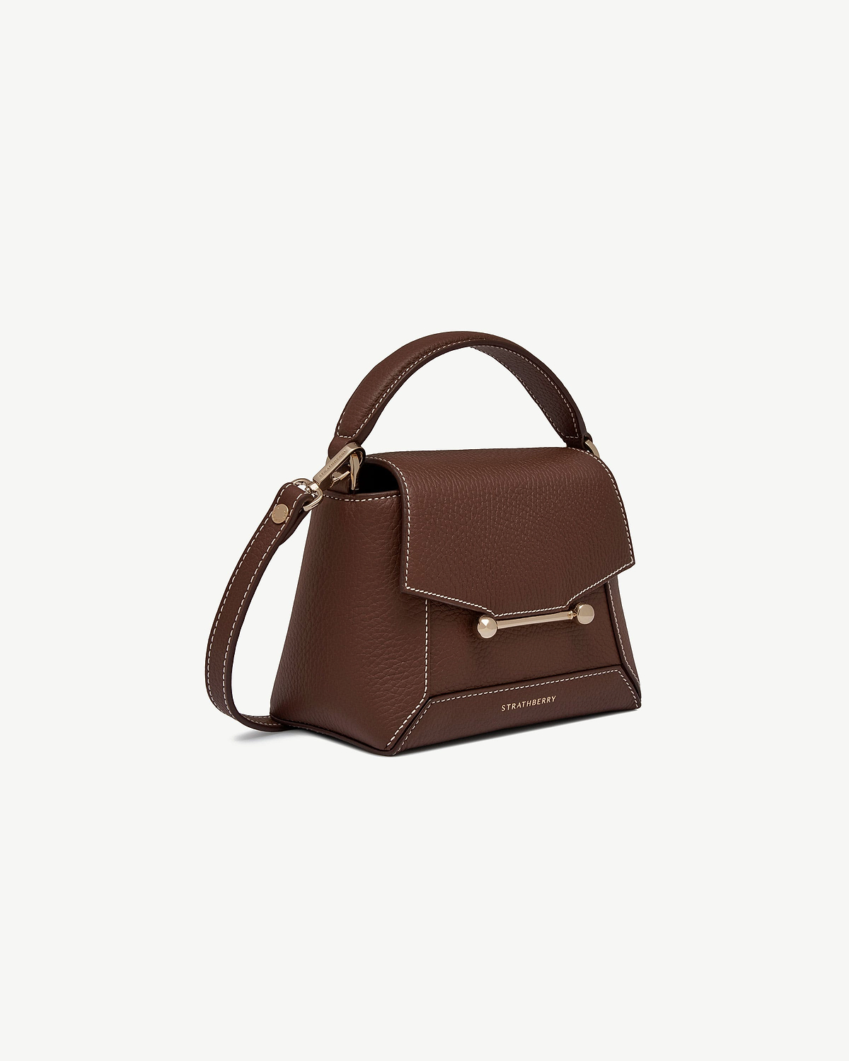Strathberry Mosaic Nano bag in chocolate with vanilla stitch, top handle and shoulder strap