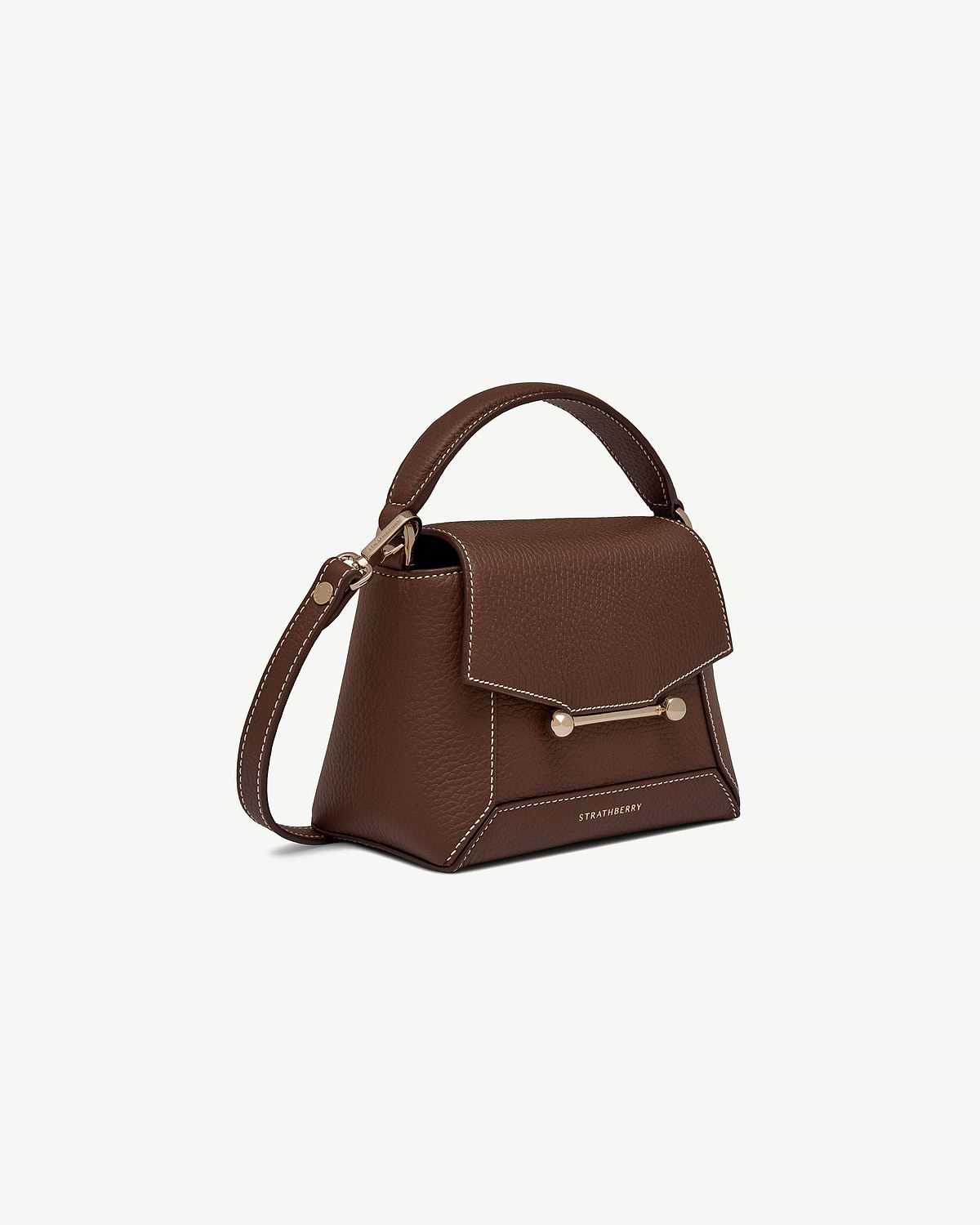 Strathberry Mosaic Nano bag in chocolate with vanilla stitch, top handle and shoulder strap